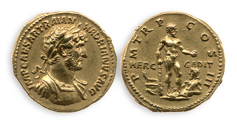 Obverse and reverse views of a flat gold disc. The obverse shows a profile view, in relief, of a bearded man with short, curly locks that are held back behind the ears with a ribbon tied in a bow at the back neckline. A Latin inscription in relief around the circumference reads 