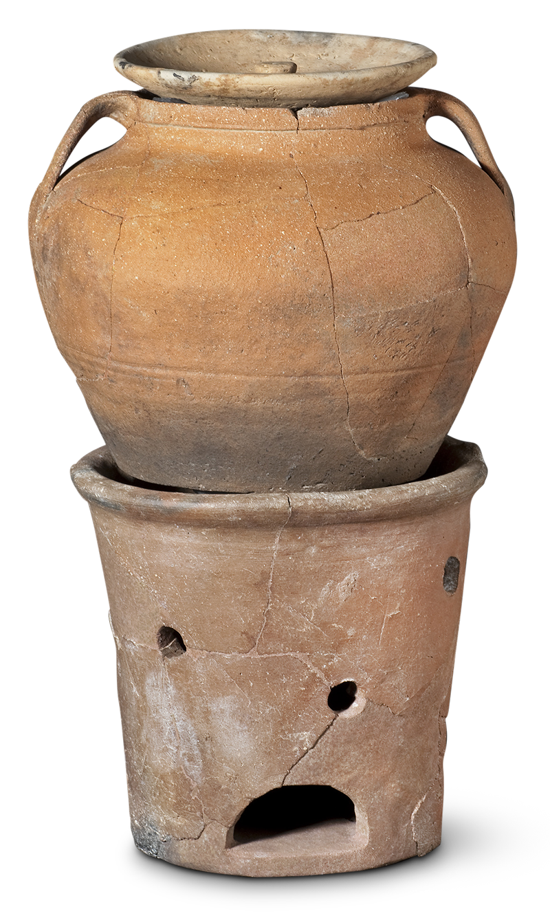 A cylindrical ceramic container perforated at the sides and bottom. On top of it sits a globular pot with two handles and a cover.